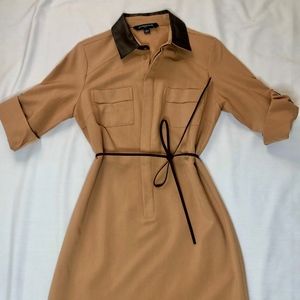 SHARAGANO TAN DRESS WITH FAUX LEATHER COLLAR